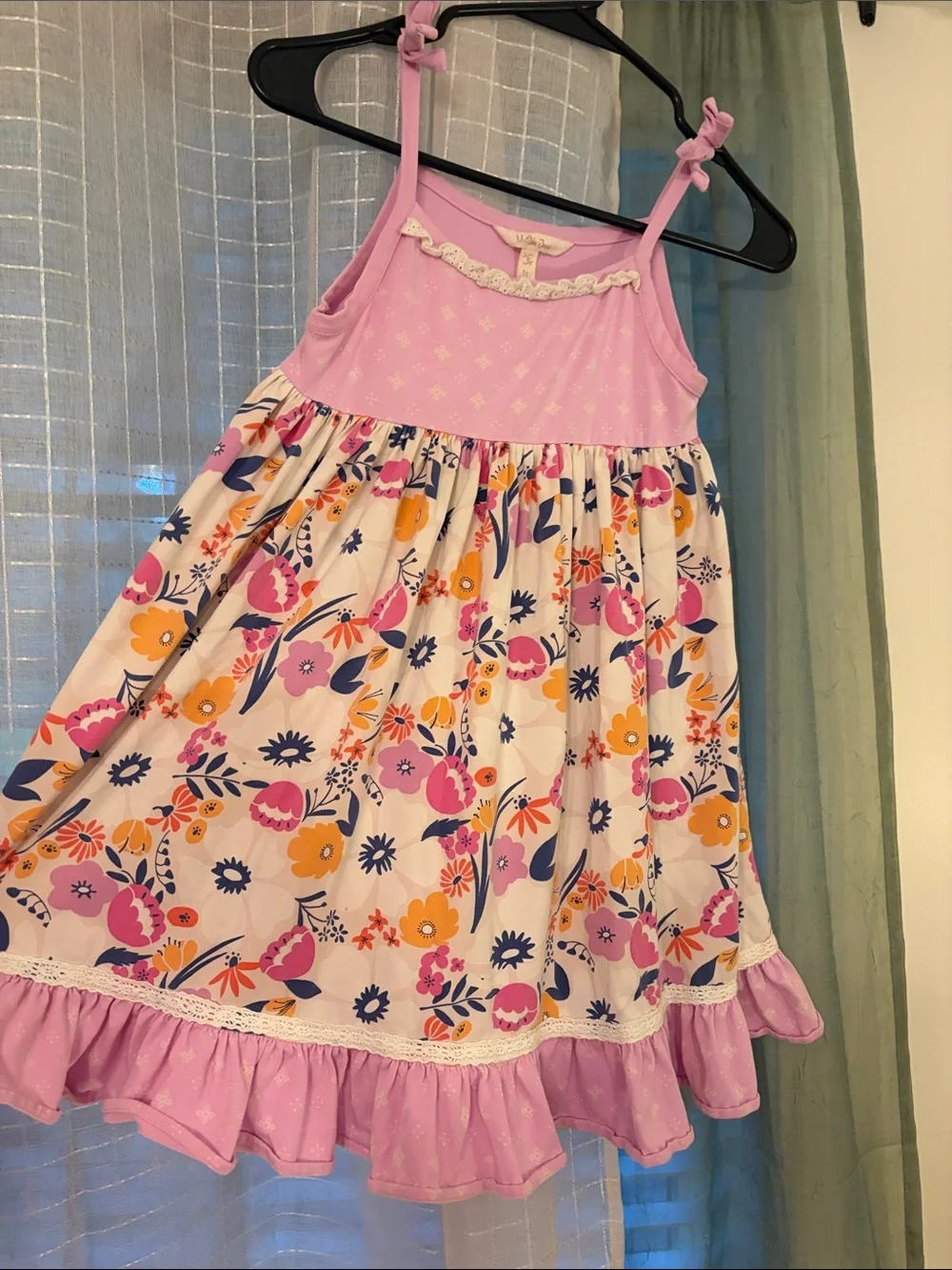Matilda Jane Pink Floral Tie-Shoulder Sundress with Yellow and Navy Accents